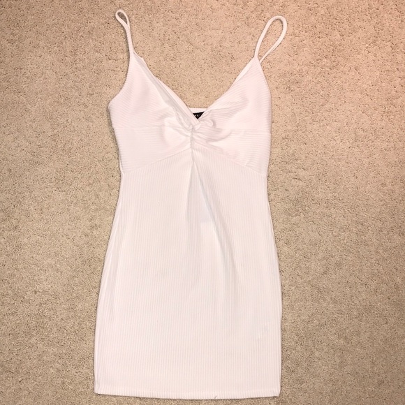V-Neck Front-Knot Ribbed Bodycon Dress White - Picture 3 of 6